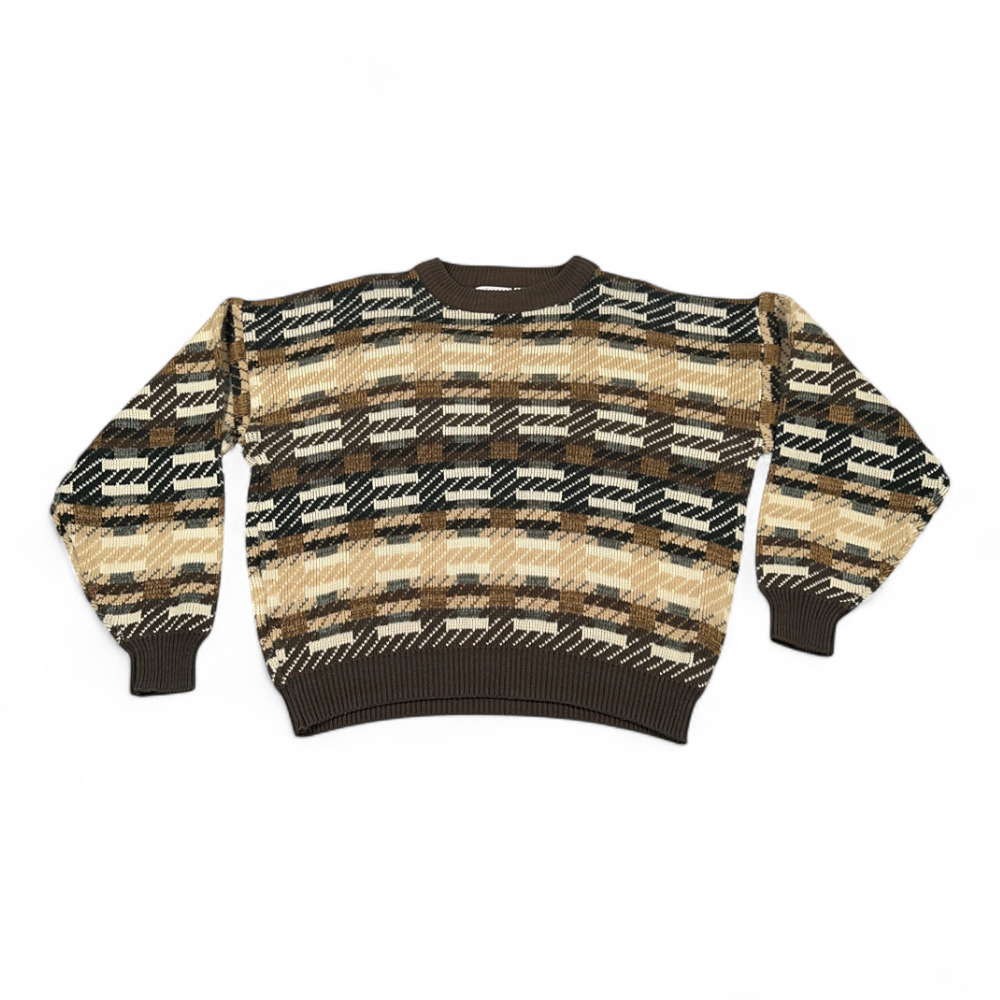 Vintage Sears Sweater Adult LARGE Brown Geometric Abstract Knit Cosby Dad 90s